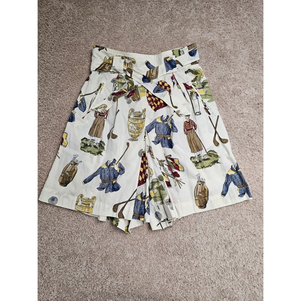 British Khaki Robert Lighton Vintage Golf Print High Waist Cotton Shorts 10